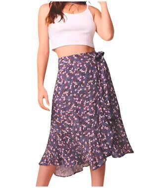 Free People Women's Linaelle Wrap Midi Skirt Ruffled Floral Purple Size Small